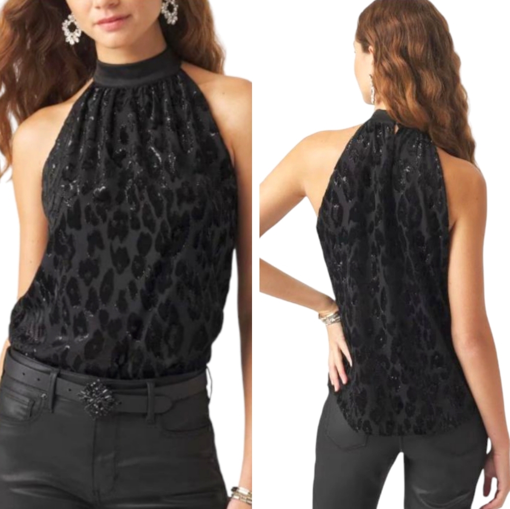 WHBM Black Velvet Leopard Print Mock Neck Sleeveless Top
